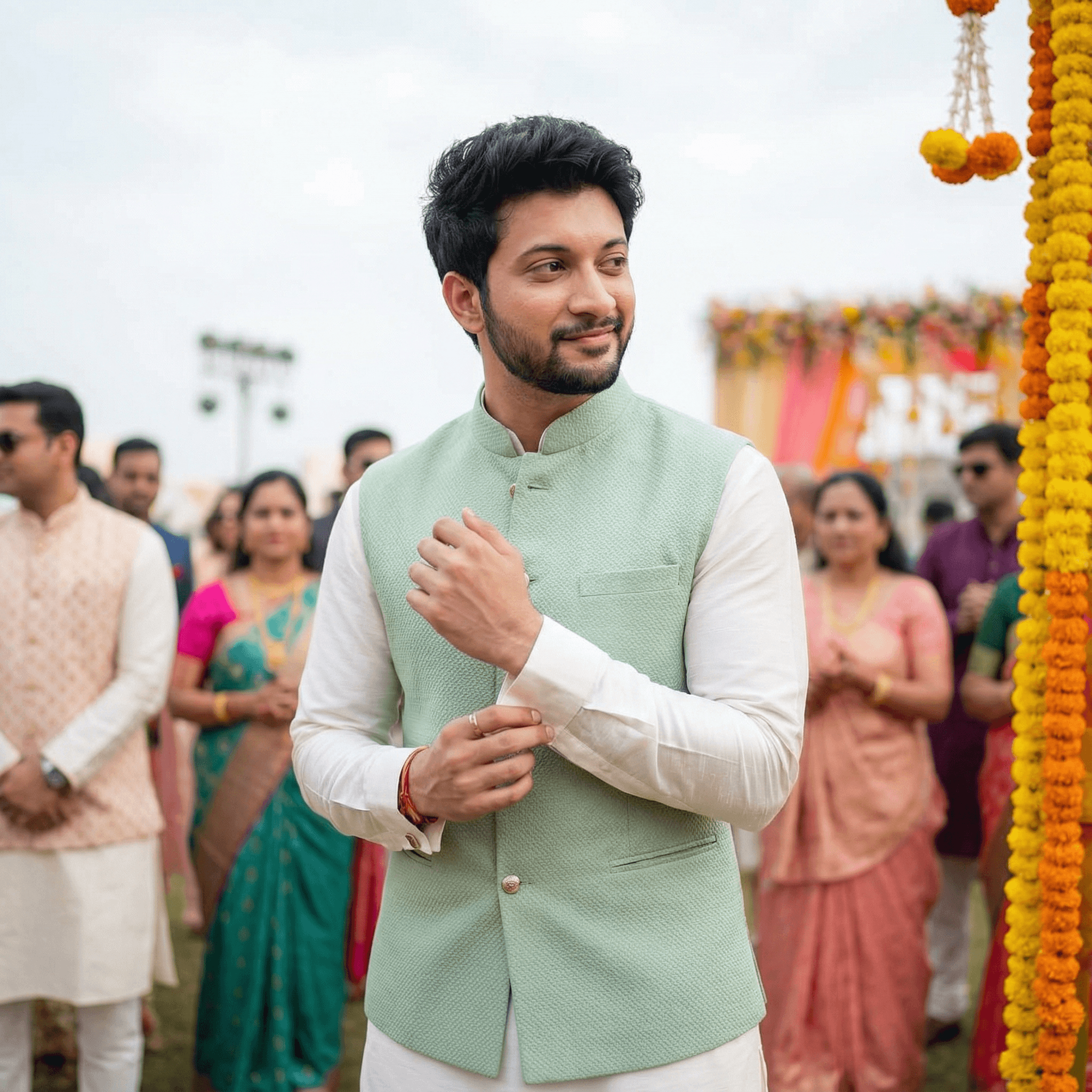 A candid outdoor portrait of a young Indian man (Rohit Saraf vibe) at a daytime wedding function. He is wearing a fitted, textured pastel green Nehru jacket over a crisp white kurta. He is looking sideways, fixing his cufflink with a charming, confident half-smile. Lighting: Bright, natural daylight, slightly overcast. Background: Blurred crowd dressed in wedding attire and marigold decorations.