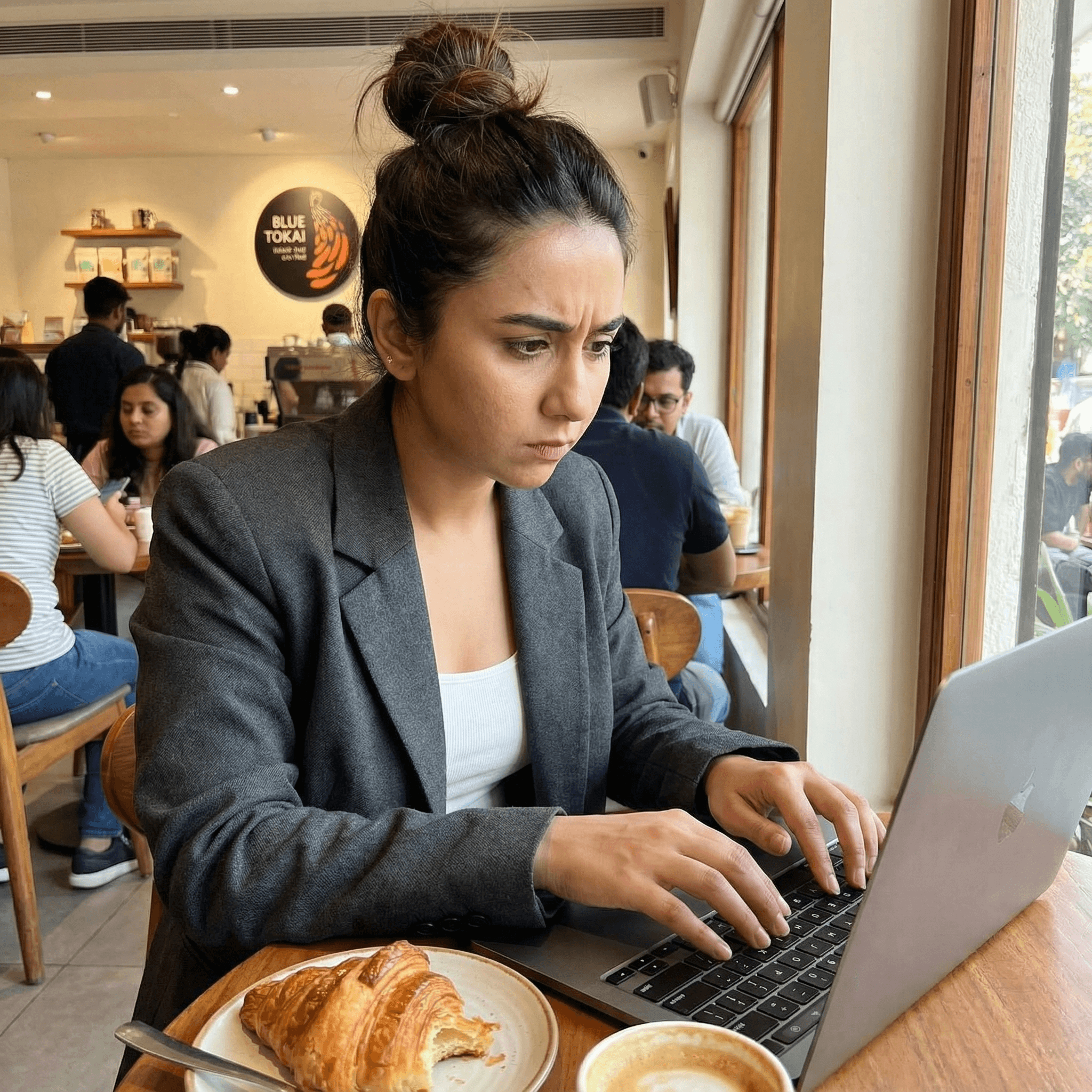 A stylish young woman sitting in a bustling cafe (like Blue Tokai), typing furiously on a laptop. She has a messy bun and is wearing a smart blazer over a casual top. A half-eaten croissant is on the table. Expression Cue: She is not smiling; she is in "Flow State." Brows slightly furrowed in concentration, lips pressed together. She looks powerful and productive.