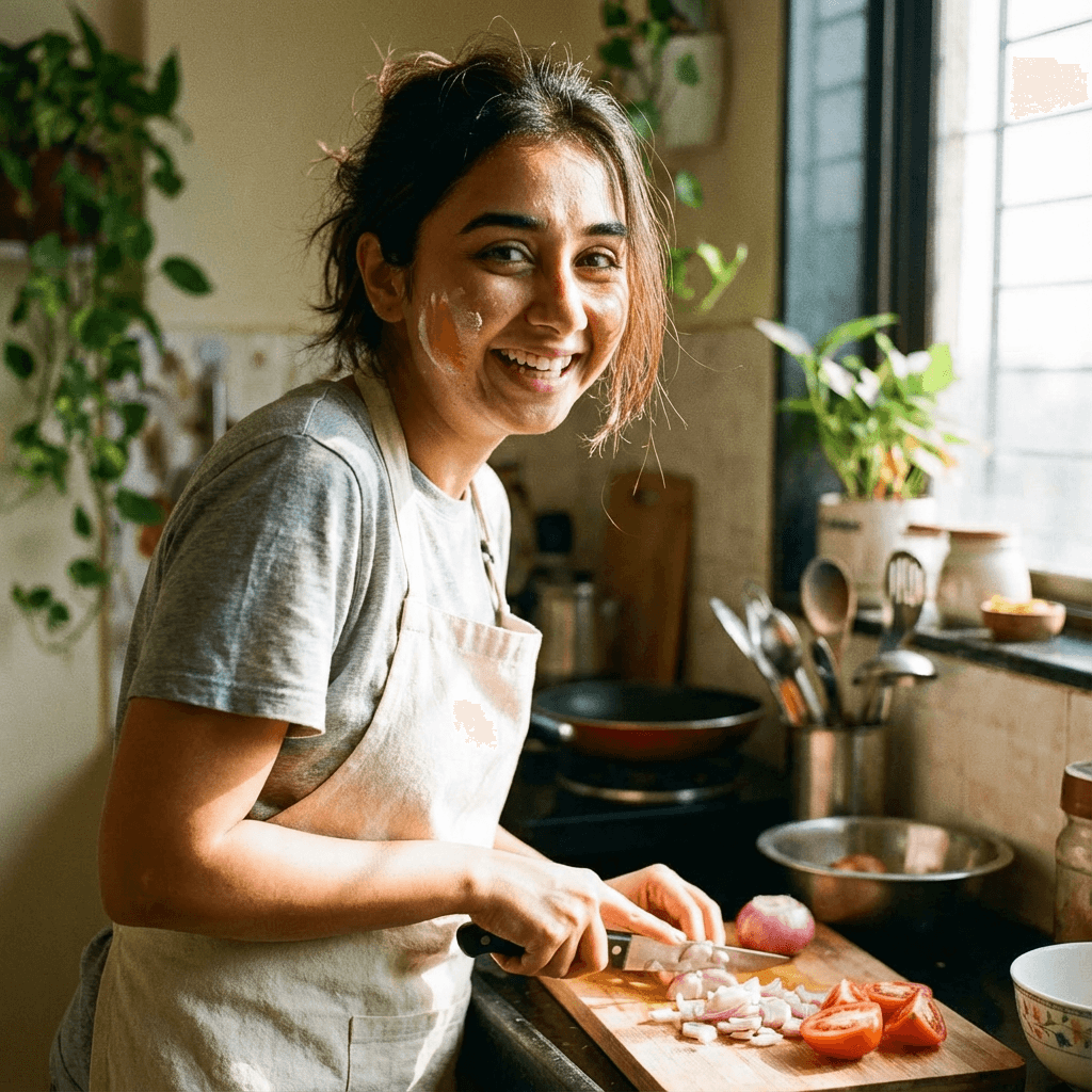A candid shot of a young Indian woman in her simple but cozy kitchen, happily chopping vegetables (like onions or tomatoes) for a weekend meal. She is wearing a soft apron over a casual top. She glances up at the camera with a playful, wide smile, showing flour or turmeric dust lightly on her cheek. The lighting is bright, warm kitchen window light. ...highly expressive micro-expressions, natural skin texture with visible pores, slight imperfections, imperfect hair, unposed candid look, cinematic lighting, 35mm film grain, sharp focus on eyes, AR 9:16 vertical.