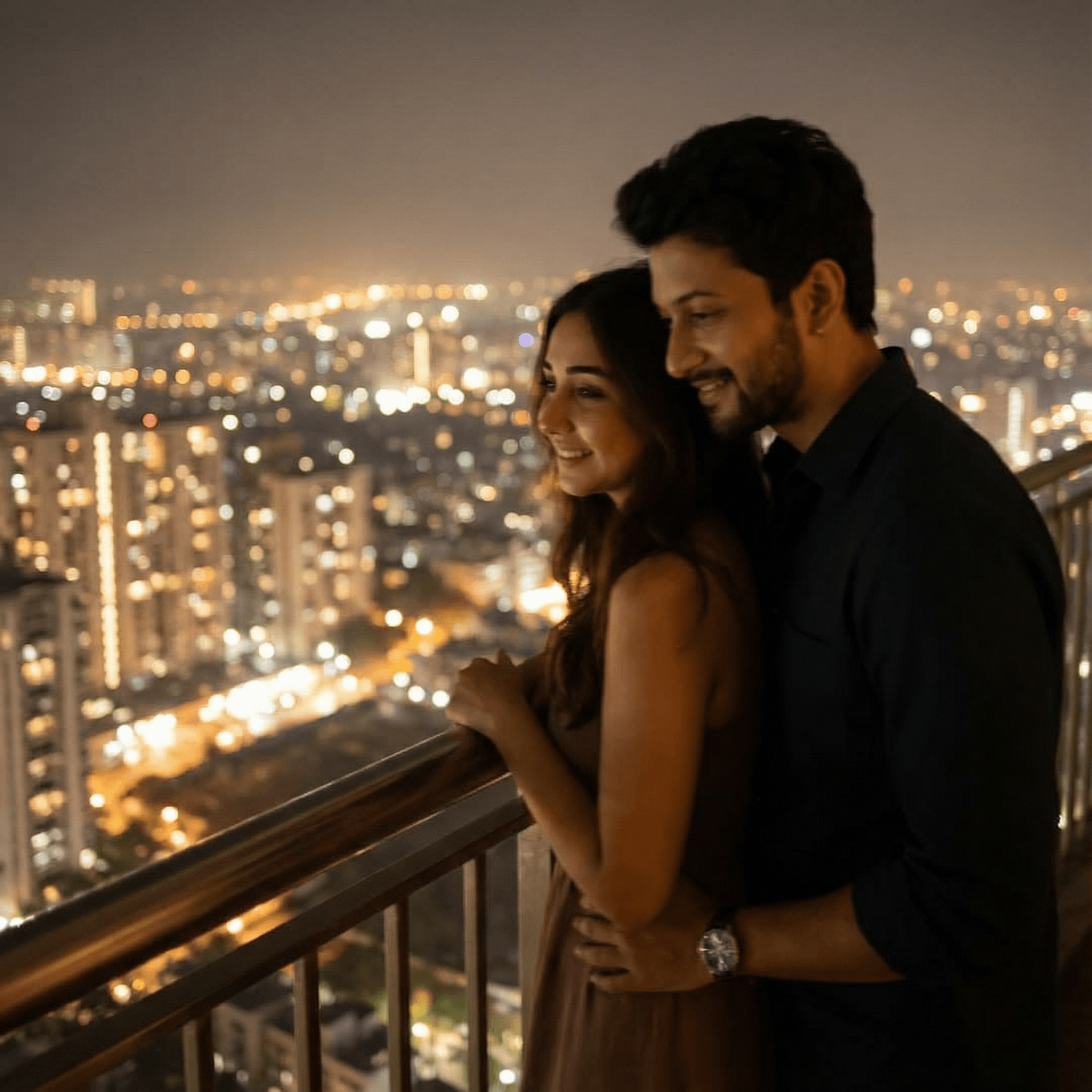 A romantic, slightly blurred night shot of an Indian couple standing close together on a high-rise balcony, overlooking a sparkling city skyline. The man has his arm around the girl's waist, and they are both looking out at the view, feeling like they're in their own private world amidst the urban glow.