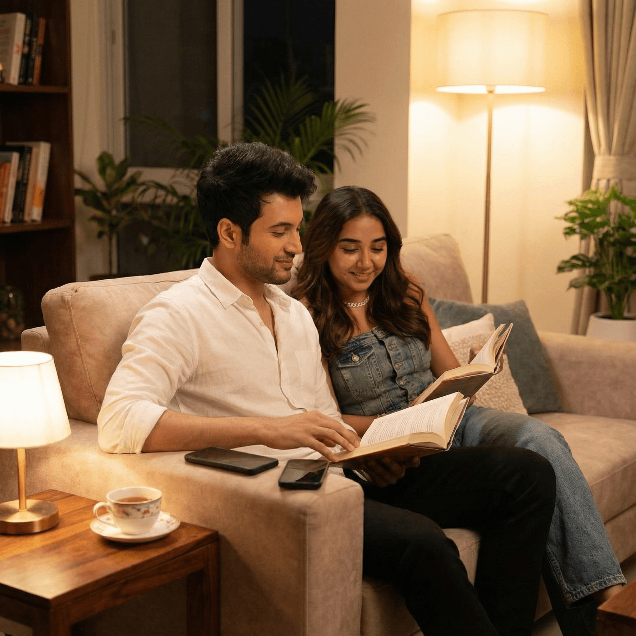A serene shot of an Indian couple sitting comfortably on their living room sofa in the evening. Their phones are put away on a side table. They are both quietly reading books or listening to a record player, sharing a moment of calm and presence. Their expressions are restful and content.