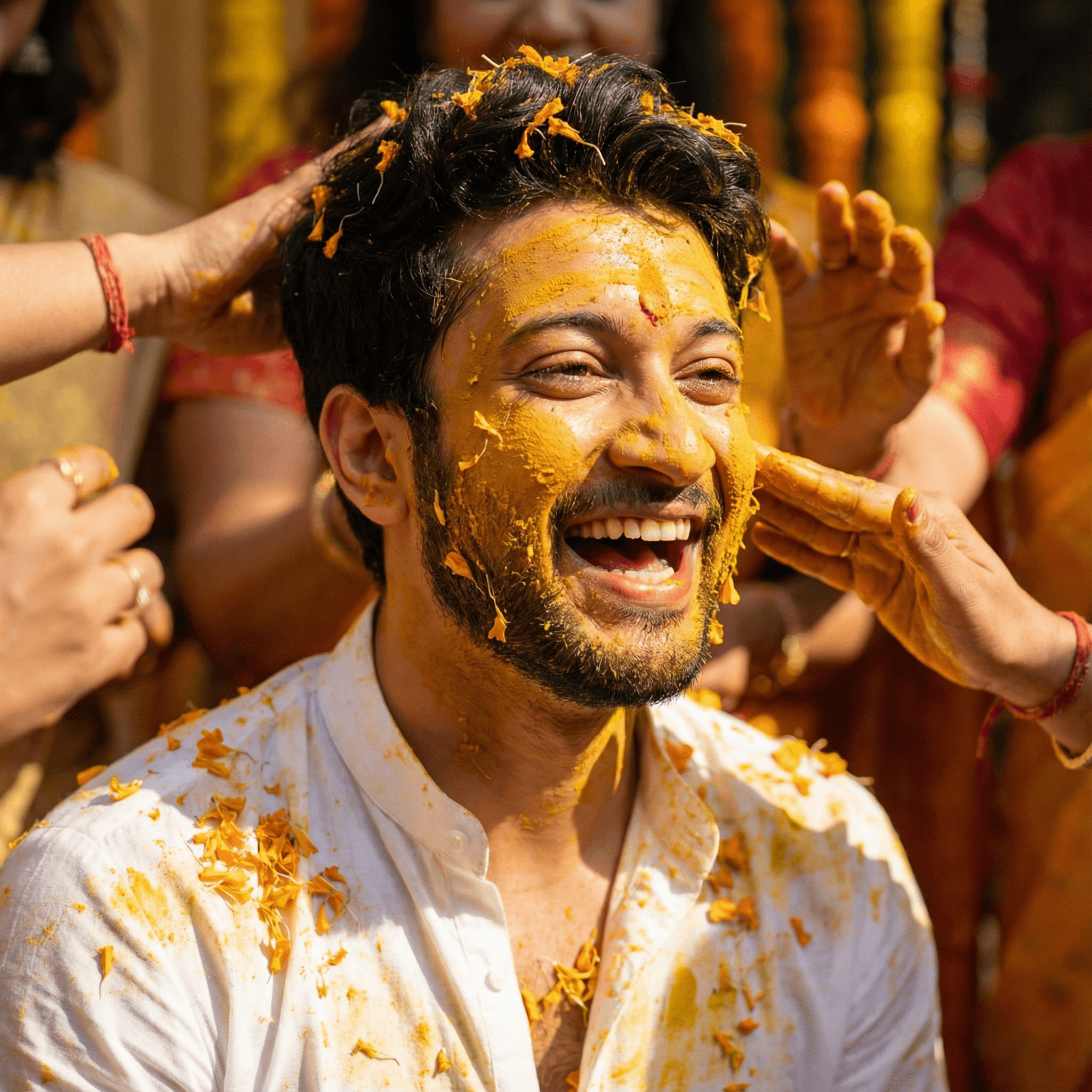 A joyful, energetic close-up shot. The young man's face and white kurta are smeared with turmeric paste (Haldi) and flower petals. He is laughing openly, eyes crinkled, looking off-camera as blurred hands of friends are applying more Haldi. Lighting: Harsh, bright afternoon sunlight highlighting the texture.