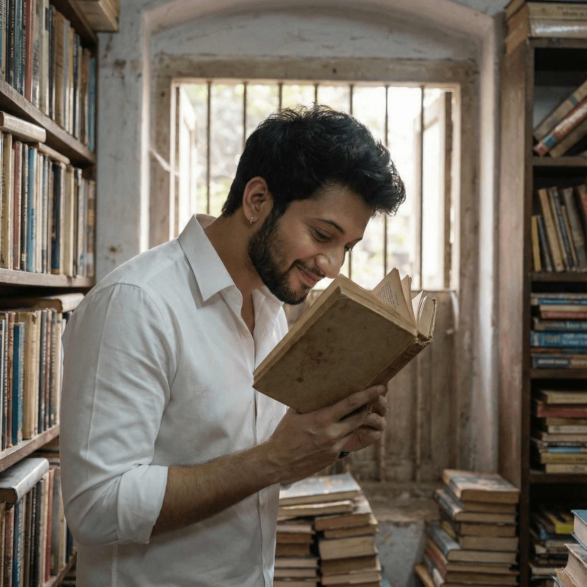 Inside a dusty, crowded old bookstore. He is holding an old book, smelling the pages with a small, appreciative smile. Lighting: Dim, natural light filtering through dusty windows.