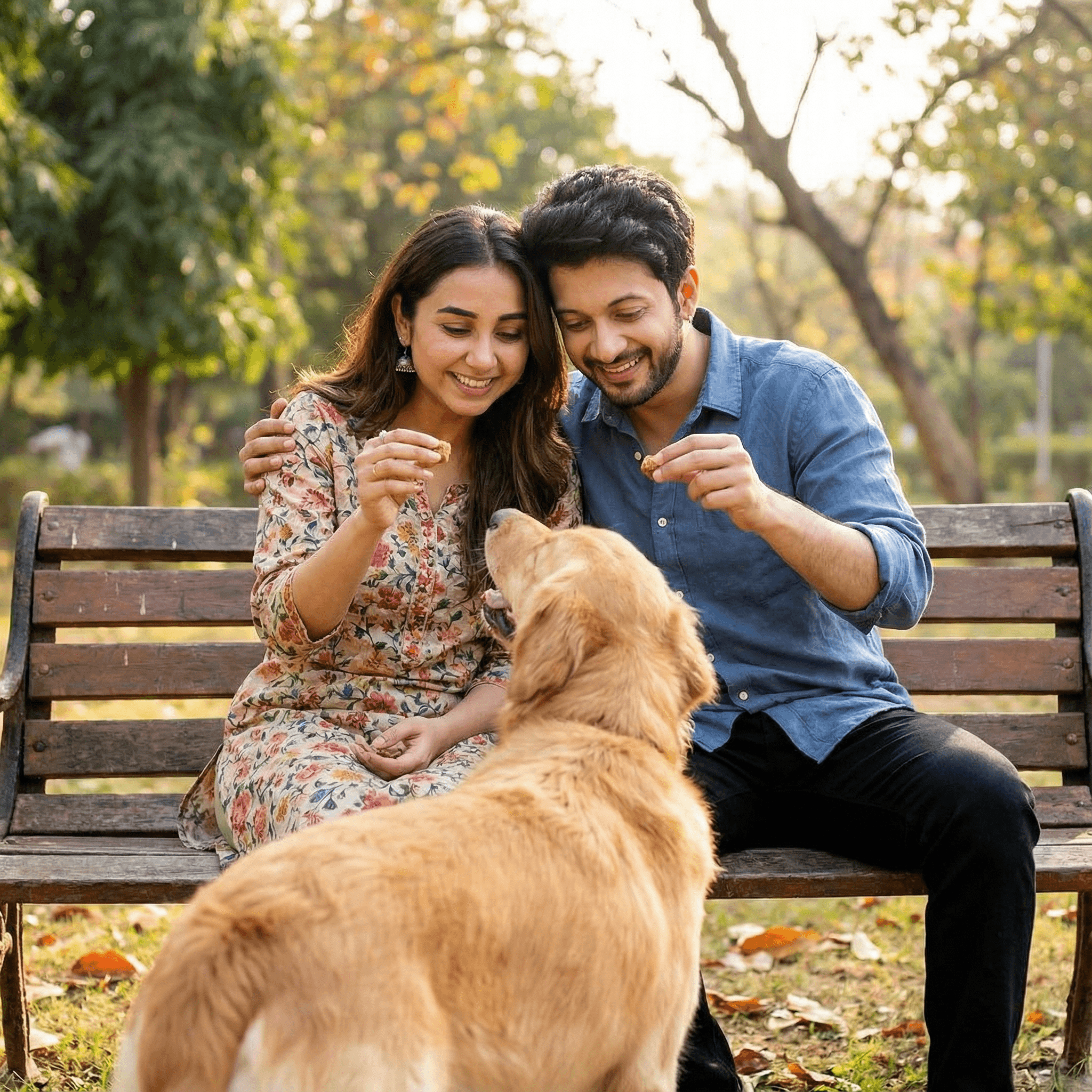 A cozy, candid shot of an Indian couple sitting side-by-side on a park bench. Both are focused on lovingly giving treats to their Golden Retriever dog, their shoulders touching. Their synchronized smiles and gentle expressions show deep, shared affection for their pet.