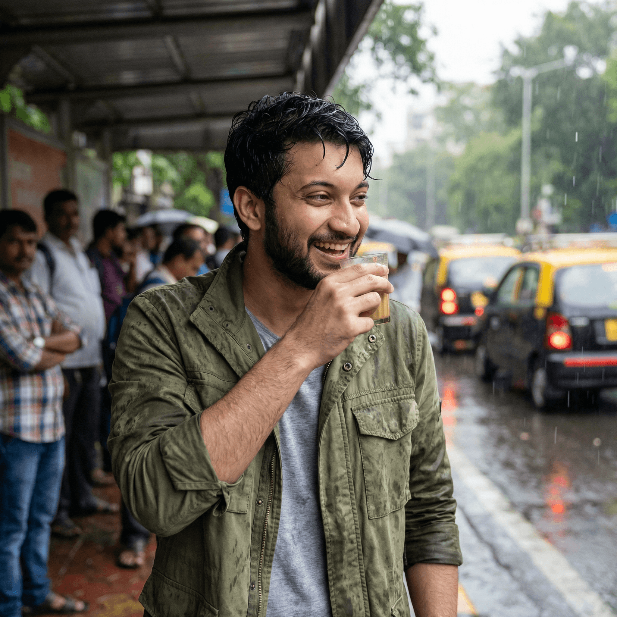 A candid street photograph of a young man standing under a crowded bus stop awning during heavy rain in Mumbai. He is laughing while sipping cutting chai from a small glass, his hair slightly wet. He wears a damp olive green utility jacket over a t-shirt. Lighting: Overcast, diffused daylight, wet street reflections.