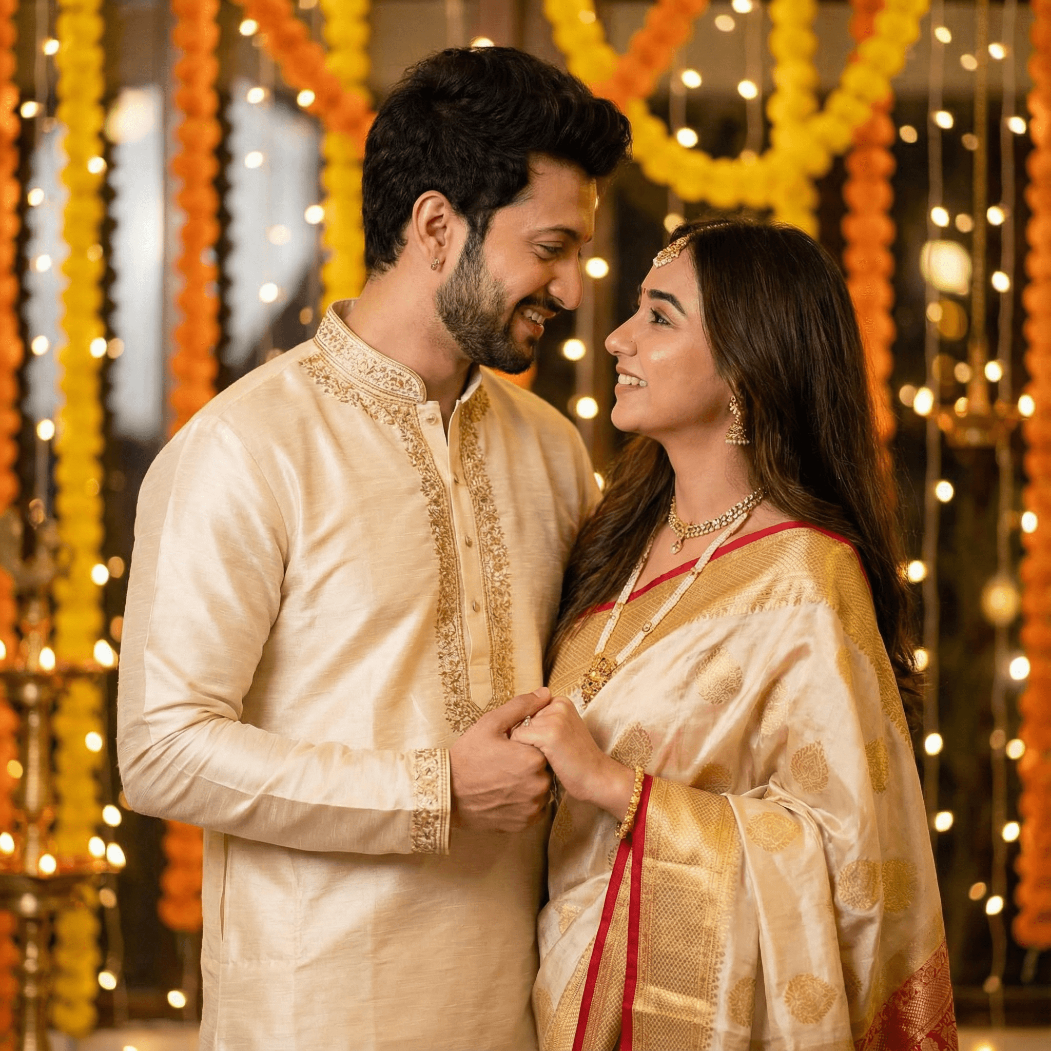 An elegant, festive portrait of an Indian couple dressed in coordinated traditional wear (e.g., matching kurta sets or a saree/kurta combo) at a brightly lit wedding or Diwali celebration. They are looking at each other with soft, loving smiles, holding hands amidst blurred decorative lights, creating a romantic, celebratory vibe.