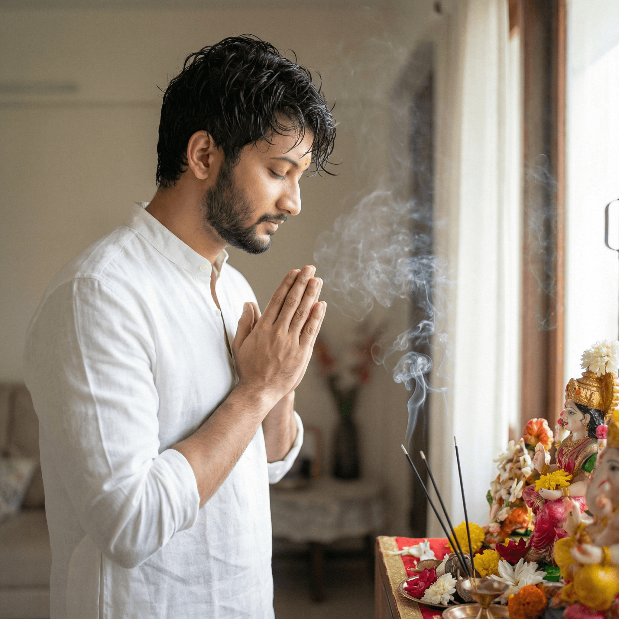 A serene, clean portrait. The young man with wet hair, fresh out of a bath, wearing a simple, high-quality white linen kurta. He stands with folded hands, eyes closed in prayer in front of a home altar with smoke from incense sticks curling up. Lighting: Soft, fresh morning light from a window.