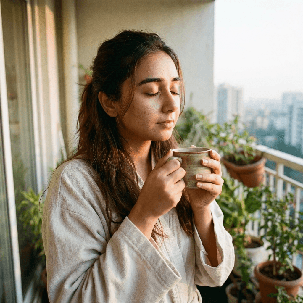 A candid, soft-focus shot of a young Indian woman standing on a simple apartment balcony in the early morning. She is holding a ceramic cup of hot coffee or chai with both hands, eyes closed as she feels the warmth and inhales the steam. She is wearing a comfortable cotton robe or oversized shirt. Her expression is one of deep, serene peace and gratitude for the moment. The soft light of the rising sun barely touches her face. ...highly expressive micro-expressions, natural skin texture with visible pores, slight imperfections, imperfect hair, unposed candid look, cinematic lighting, 35mm film grain, sharp focus on eyes, AR 9:16 vertical.