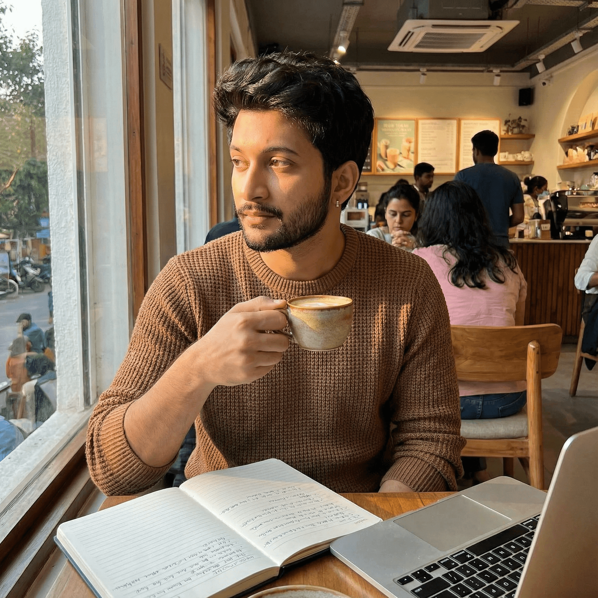 A candid portrait sitting by a large window in a bustling cafe (like Starbucks or Blue Tokai). He is looking out pensively, holding a coffee cup, with an open notebook and laptop on the table. He wears a textured knitted sweater. Lighting: Golden hour sunlight streaming through the window.