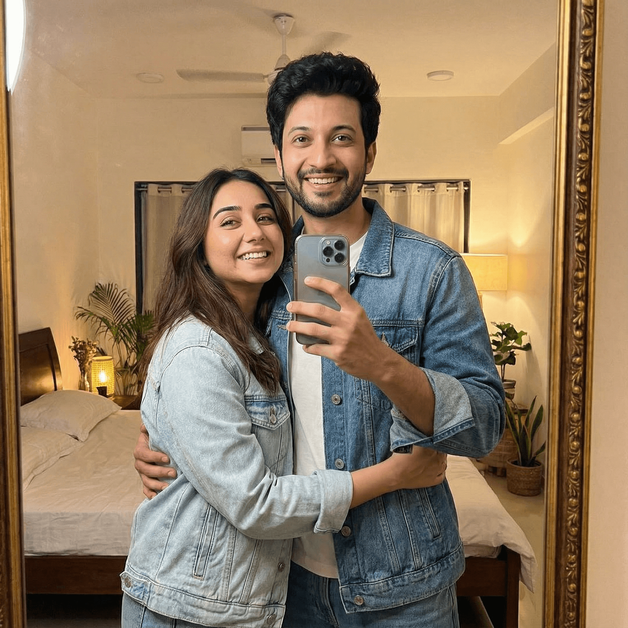 A fun, mirror selfie of an Indian couple in their bedroom or a stylish hallway. They are wearing subtly matching or coordinated outfits (e.g., denim jackets, complementary colors) and smiling broadly at their reflection. The girl has her arm around the man's waist, showcasing their synchronized style and affection.