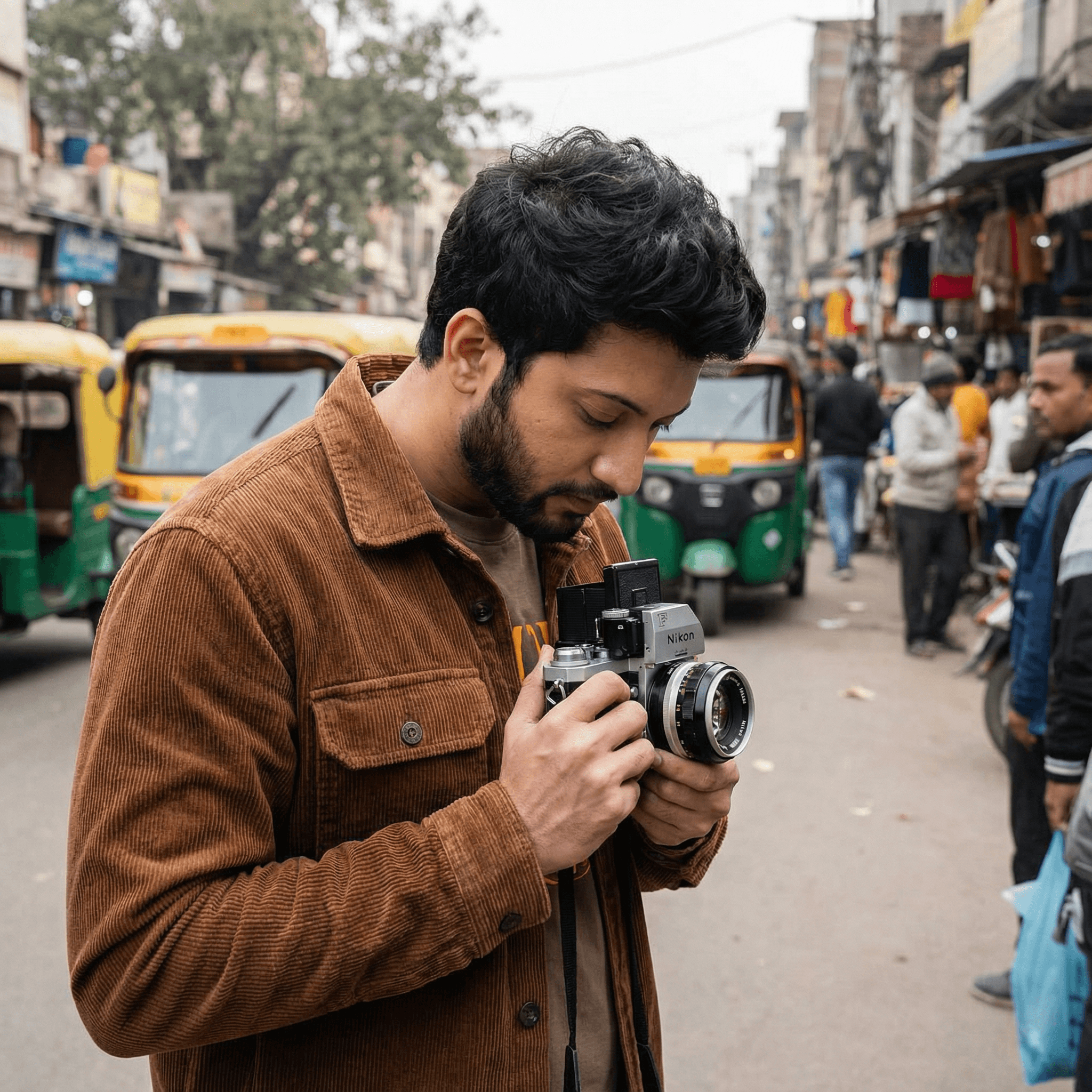 Standing on a busy street corner in Kolkata or Old Delhi, looking down into the viewfinder of an old vintage film camera. He wears a corduroy jacket. Lighting: Overcast city daylight.