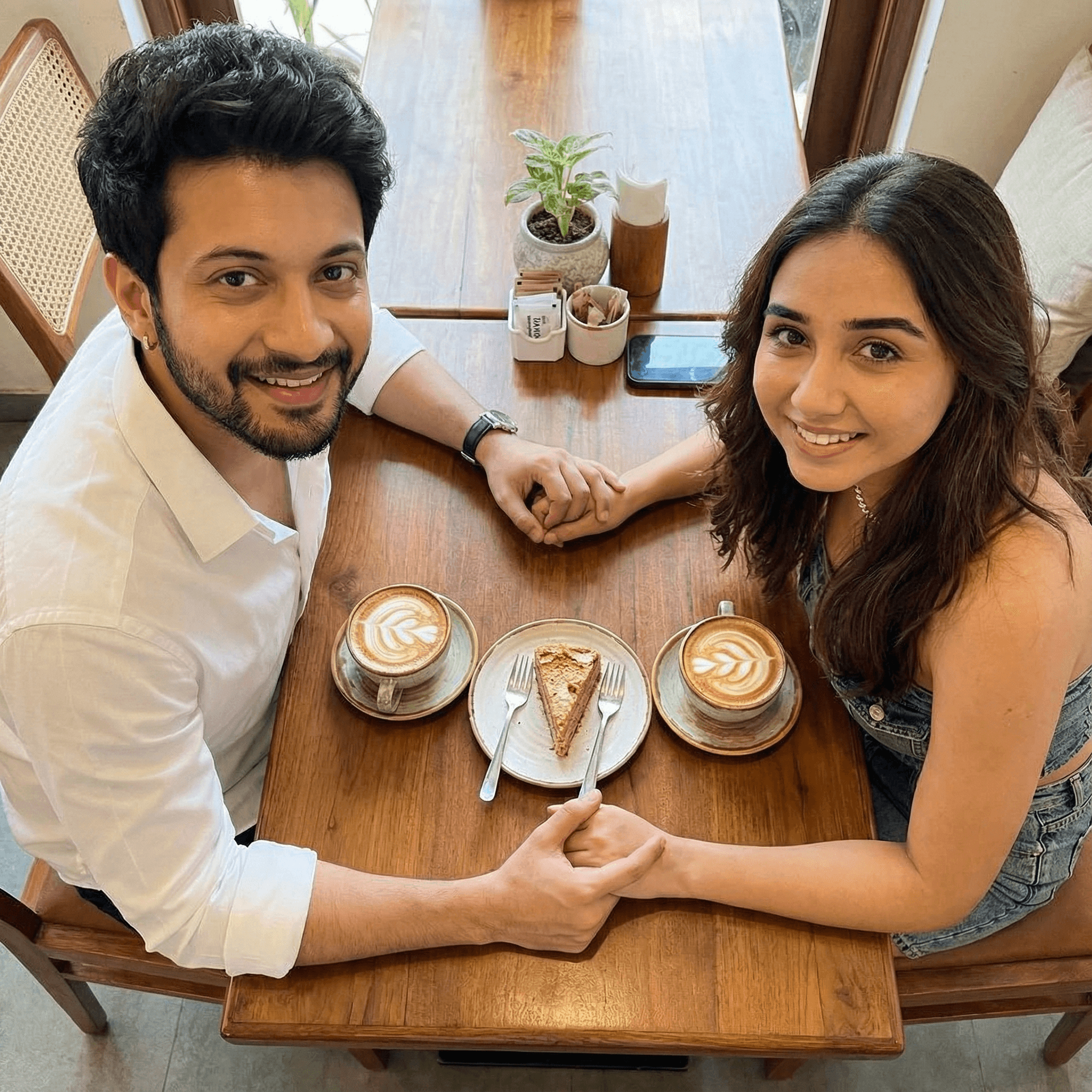 A cozy, top-down view of an Indian couple sitting across from each other at a stylish cafe table, both looking at the camera with warm smiles. Between them are aesthetically pleasing coffee art lattes and a shared dessert. Their hands are gently clasped on the table, conveying connection and a perfect 'date' moment.
