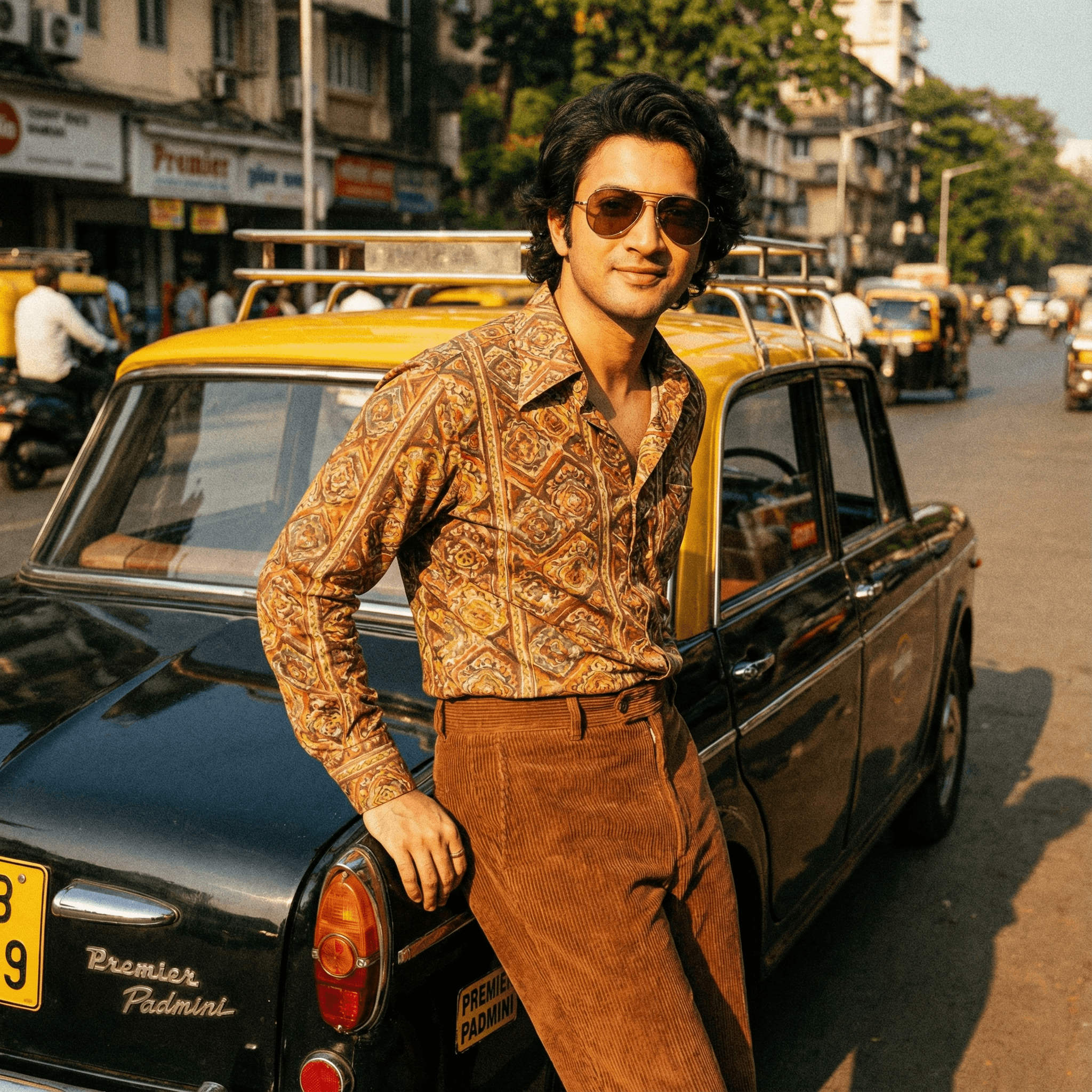 A stylish young man with slightly longer wavy hair, wearing a retro patterned shirt and high-waisted trousers, leaning against a yellow and black Premier Padmini taxi. He wears vintage sunglasses. Lighting: Warm afternoon sun. Texture: Added film grain and warm color shift for a 70s feel.
