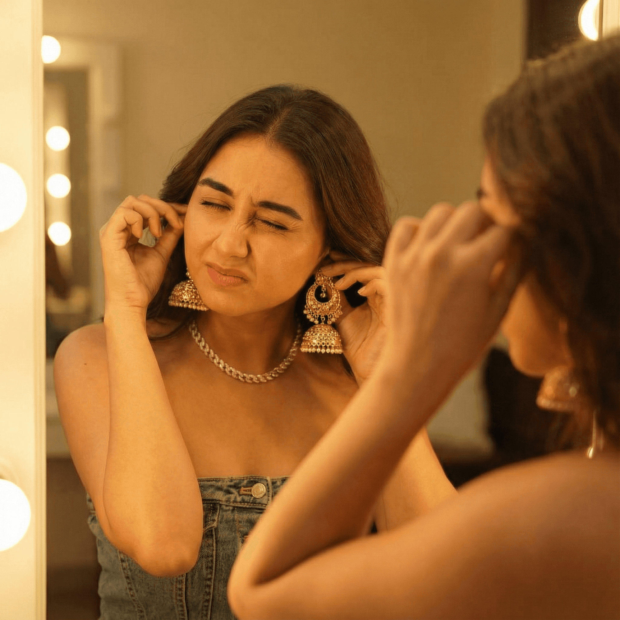 A cinematic close-up of a girl standing in front of a mirror, trying to put on a heavy gold earring (Jhumka). Her arms are raised. Expression Cue: One eye closed in concentration, mouth twisted to the side. A mix of pain and vanity. Relatable "beauty is pain" moment. Lighting: Warm golden vanity lights.
