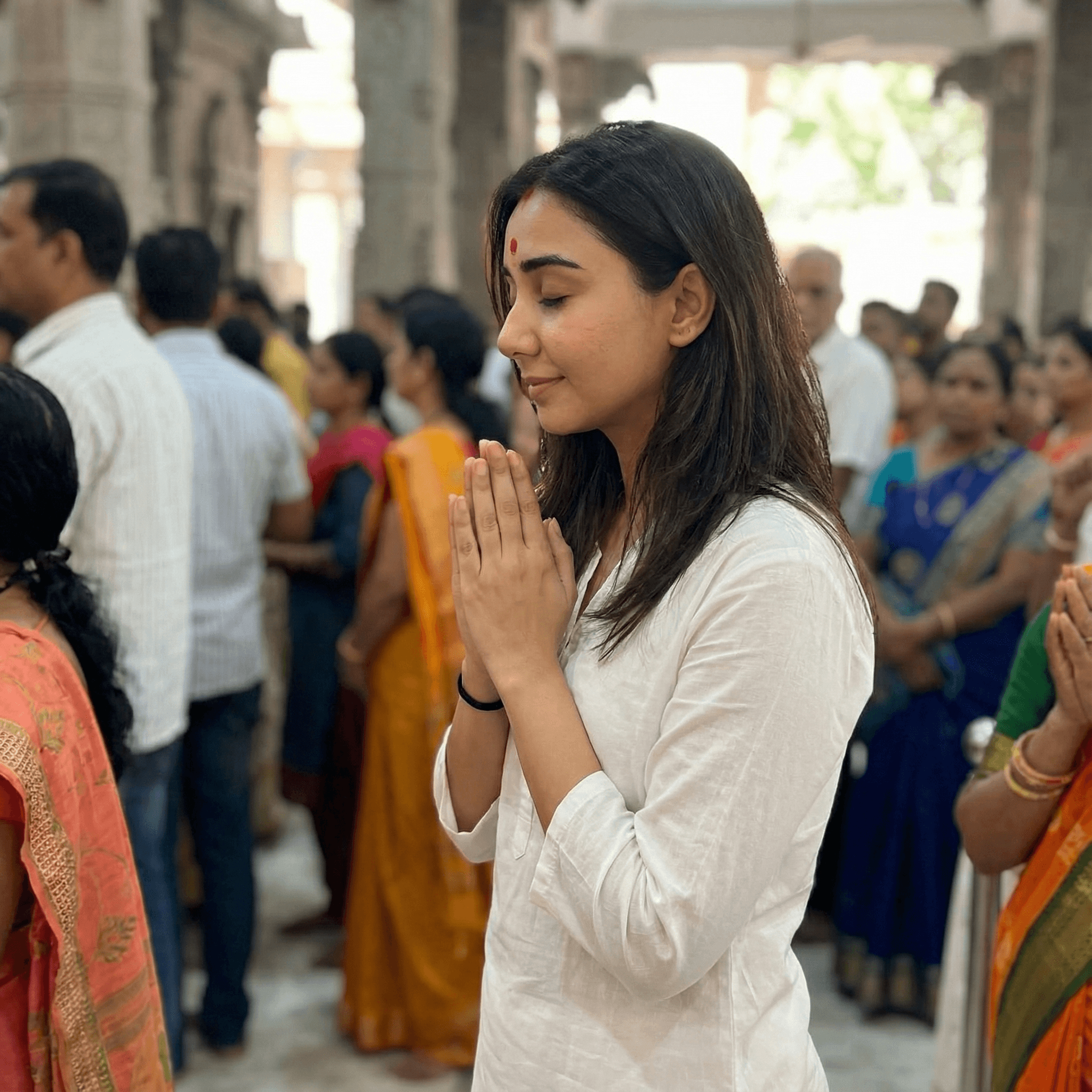 A side-profile shot of a girl standing with folded hands in a crowded temple. She wears a simple white kurta and a red bindi. Expression Cue: Eyes closed gently. A very faint, peaceful smile. She looks grounded and calm amidst the chaos around her.